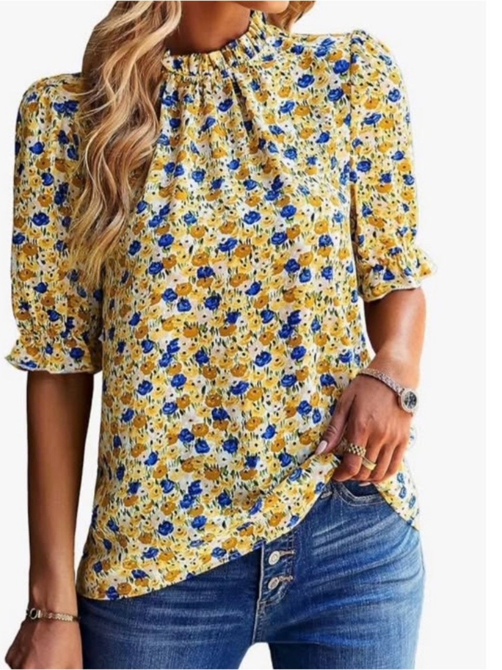 Smocked Neck Floral Blouse in Yellow and Blue
